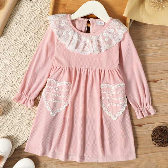 Toddler Girl Lace Flounce Design Long Ruffle-sleeve Pink Dress