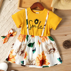 Toddler Girl Letter Floral Print Faux-two Short-sleeve Dress