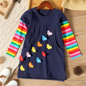 Toddler Girl 3D Butterfly Design Striped Long-sleeve Dress