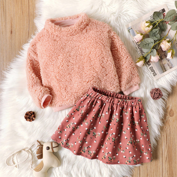 2-piece Toddler Girl Solid Fluffy Top and Floral Print Skirt Set