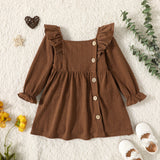 Toddler Girl Square Neck Ruffled Button Design Cable Knit Textured Long-sleeve dress