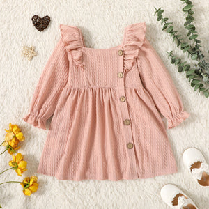 Toddler Girl Square Neck Ruffled Button Design Cable Knit Textured Long-sleeve dress