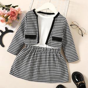 3-piece Toddler Girl Long-sleeve White Top, Houndstooth Cardigan and Skirt Set