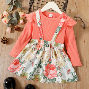 2-piece Toddler Girl Solid Long-sleeve Ribbed Top and Floral Print Ruffled Suspender Skirt Set