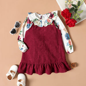 2-piece Toddler Girl Flounce Floral Print Long-sleeve Top and Ruffled Hem Burgundy Overall Dress Set