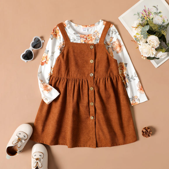 2-piece Toddler Girl Floral Print Long-sleeve Top and Button Design Brown Overall Dress Set