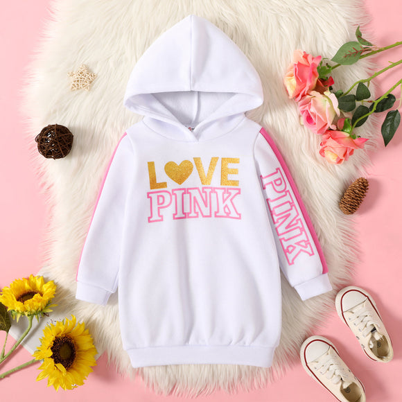 Toddler Girl Heart-shaped and Letter Print Hooded Long-sleeve White or Black Dress