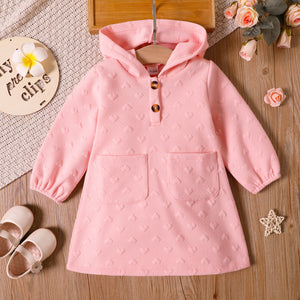 Toddler Girl Heart Textured Pocket Button Design Hooded Sweatshirt Dress