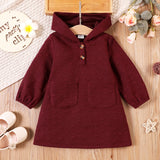 Toddler Girl Heart Textured Pocket Button Design Hooded Sweatshirt Dress