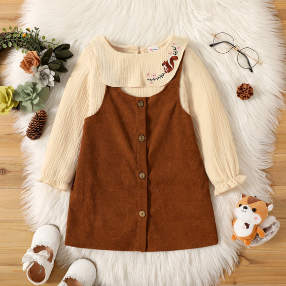 2-piece Toddler Girl Floral Squirrel Embroidered Long-sleeve Top and Brown Button Design Overall Dress Set