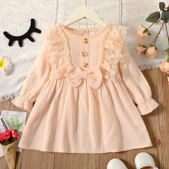 Toddler Girl 100% Cotton Ruffled Lace Bowknot Button Design Long-sleeve Dress