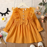 Toddler Girl 100% Cotton Ruffled Lace Bowknot Button Design Long-sleeve Dress