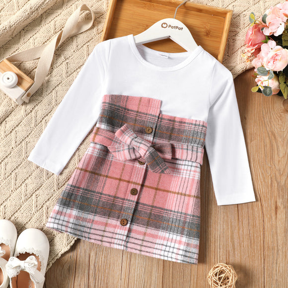 Toddler Girl Faux-two Irregular Plaid Button Design Belted Long-sleeve Dress