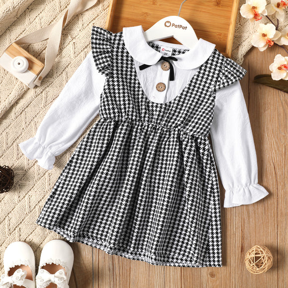 Toddler Girl Faux-two Doll Collar Button Design Ruffled Long-sleeve Plaid Dress