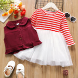 2-piece Toddler Girl Stripe Mesh Splice Long-sleeve Dress and Lapel Collar Button Design Corduroy Vest Set