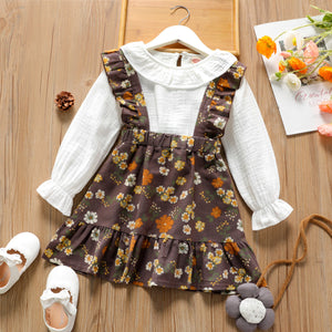 2-piece Toddler Girl 100% Cotton Ruffle Collar Long-sleeve White Blouse and Ruffled Floral Print Overall Dress Set