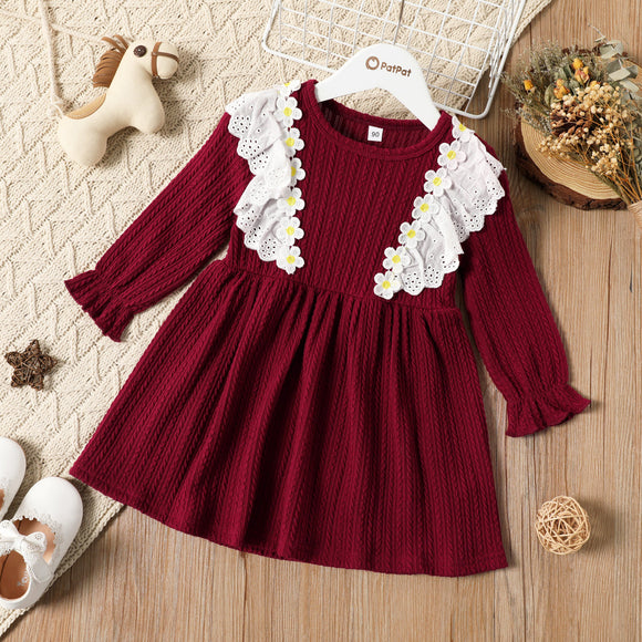 Toddler Girl 3D Floral Daisy Schiffy Design Cable Knit Textured Long-sleeve Dress