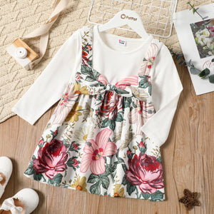 2 piece Toddler Girl Long sleeve White Tee anf Floral Print Overall Dress Set