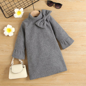 Toddler Girl Bowknot Design Mock Neck Long Bell sleeves Solid Dress