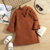 Toddler Girl Bowknot Design Mock Neck Long Bell sleeves Solid Dress