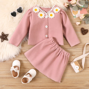 2-piece Toddler Girl 100% Cotton 3D Floral Embroidered Button Design Jacket and Elasticized Pink Skirt Set