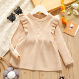 Toddler Girl Ruffled Solid Color Back Button Design Long-sleeve Knit Dress