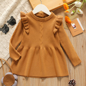 Toddler Girl Ruffled Solid Color Back Button Design Long-sleeve Knit Dress