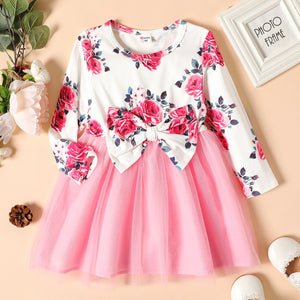 Toddler Girl Floral Print Bowknot Design Mesh Long-sleeve Dress