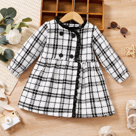 Toddler Girl Ruffled Button Design Plaid Tweed Long-sleeve Dress