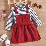 2-piece Toddler Girl Stripe Long-sleeve Tee and Adjustable Corduroy Overall Dress Set