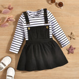 2-piece Toddler Girl Stripe Long-sleeve Tee and Adjustable Corduroy Overall Dress Set