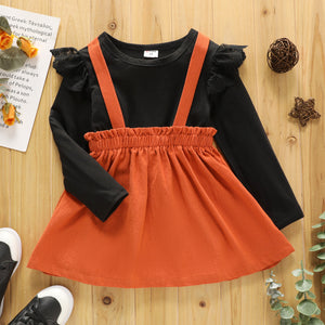 2 piece Toddler Girl Ruffled Long sleeve Black Top and Orange Suspender Skirt Set