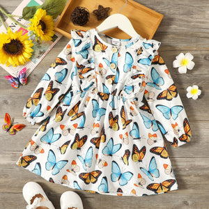 Toddler Girl Ruffled Butterfly Print Button Design Long sleeve Dress