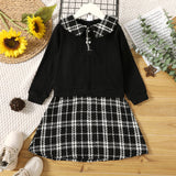 Toddler Girl Faux-two Doll Collar Cable Knit Textured Plaid Tweed Long-sleeve Dress