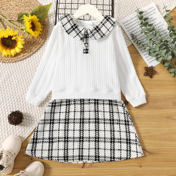 Toddler Girl Faux-two Doll Collar Cable Knit Textured Plaid Tweed Long-sleeve Dress