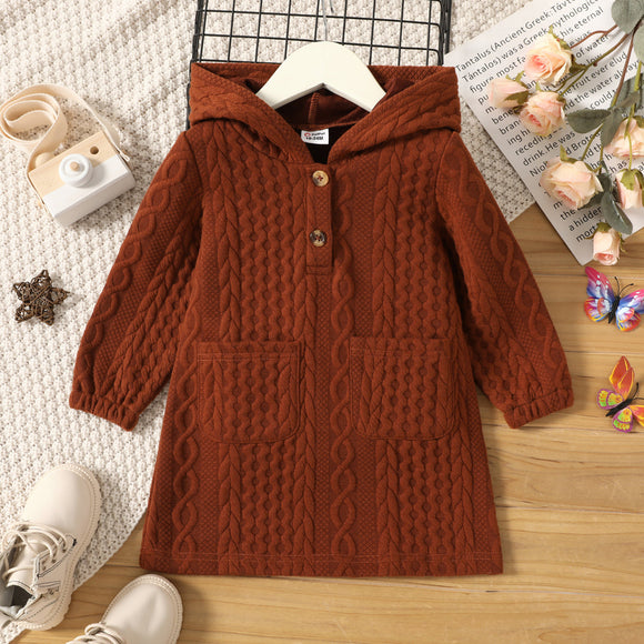 Toddler Girl Solid Color Cable Knit Textured Button Design Hooded Sweatshirt Dress