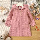 Toddler Girl Solid Color Cable Knit Textured Button Design Hooded Sweatshirt Dress