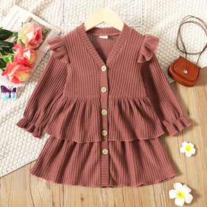 Toddler Girl Waffle Ruffled Button Design Long-sleeve Layered Dress