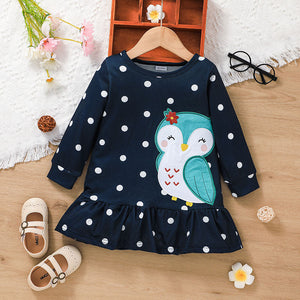 Toddler Girl Polka dots Animal Embroidered Ruffle Hem Long-sleeve Dress