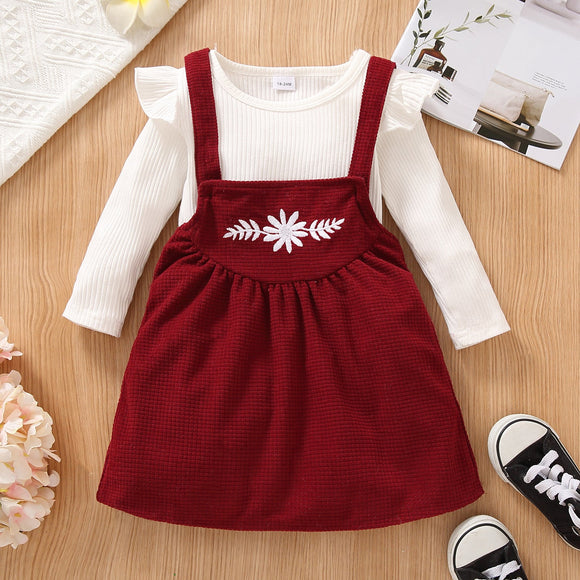 2-piece Toddler Girl Ruffled Long-sleeve White Ribbed Top and Floral Embroidered Suspender Skirt Set