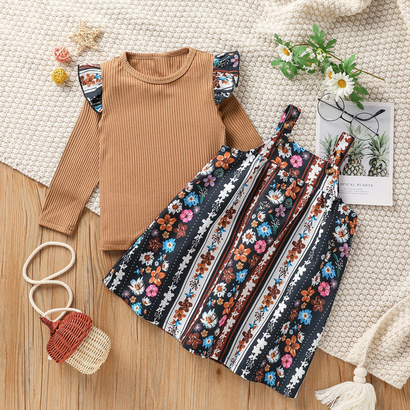 2 piece Toddler Girl Ruffled Long sleeve Ribbed Top and Floral Print Exotic Overall Dress Set