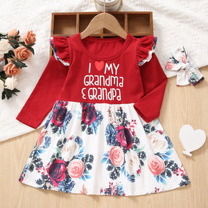 Toddler Girl Letter Floral Print Ruffled Long-sleeve Splice Dress