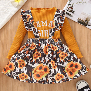 2-piece Toddler Girl Letter Print Lettuce Trim Long-sleeve Ribbed Top and Floral Print Ruffled Suspender Skirt Set