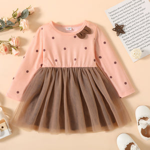 Toddler Girl Polka dots Mesh Splice Long sleeve Dress