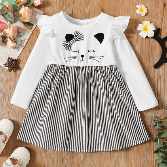 Toddler Girl Ruffled Cat Print Stripe Splice Long-sleeve Dress