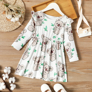 Toddler Girl Ruffled Cute Koala Print Long-sleeve Dress