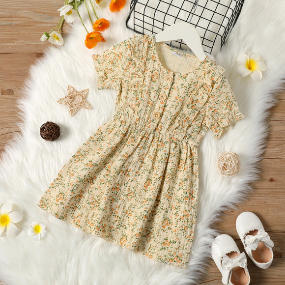 Toddler Girl 100% Cotton Floral Print Button Design Waisted Short-sleeve Dress