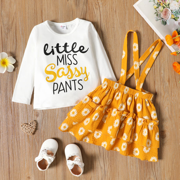 2-piece Toddler Girl Letter Print Long-sleeve White Tee and Floral Print Layered Suspender Skirt Set