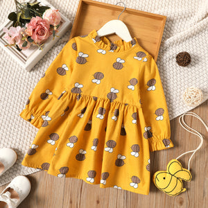 Toddler Girl 100% Cotton Bee Print Ruffled Long-sleeve Yellow Dress