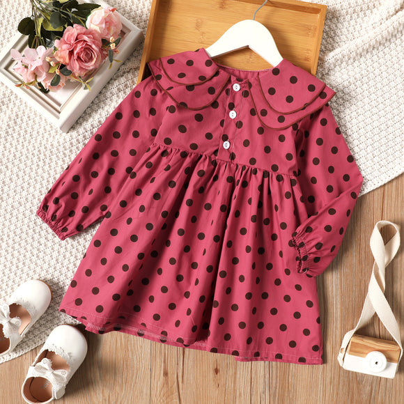 Toddler Girl Polka dots Doll Collar Button Design Long-sleeve Dress